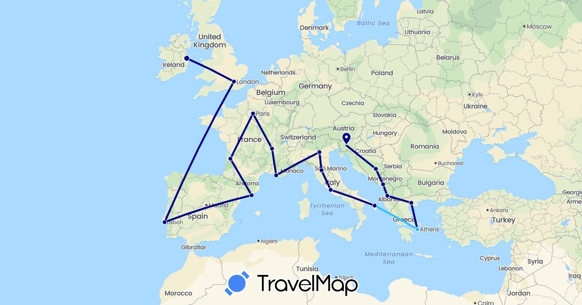 TravelMap itinerary: driving, boat in Albania, Bosnia and Herzegovina, Spain, France, United Kingdom, Greece, Ireland, Italy, Montenegro, Portugal, Slovenia, Vatican City (Europe)